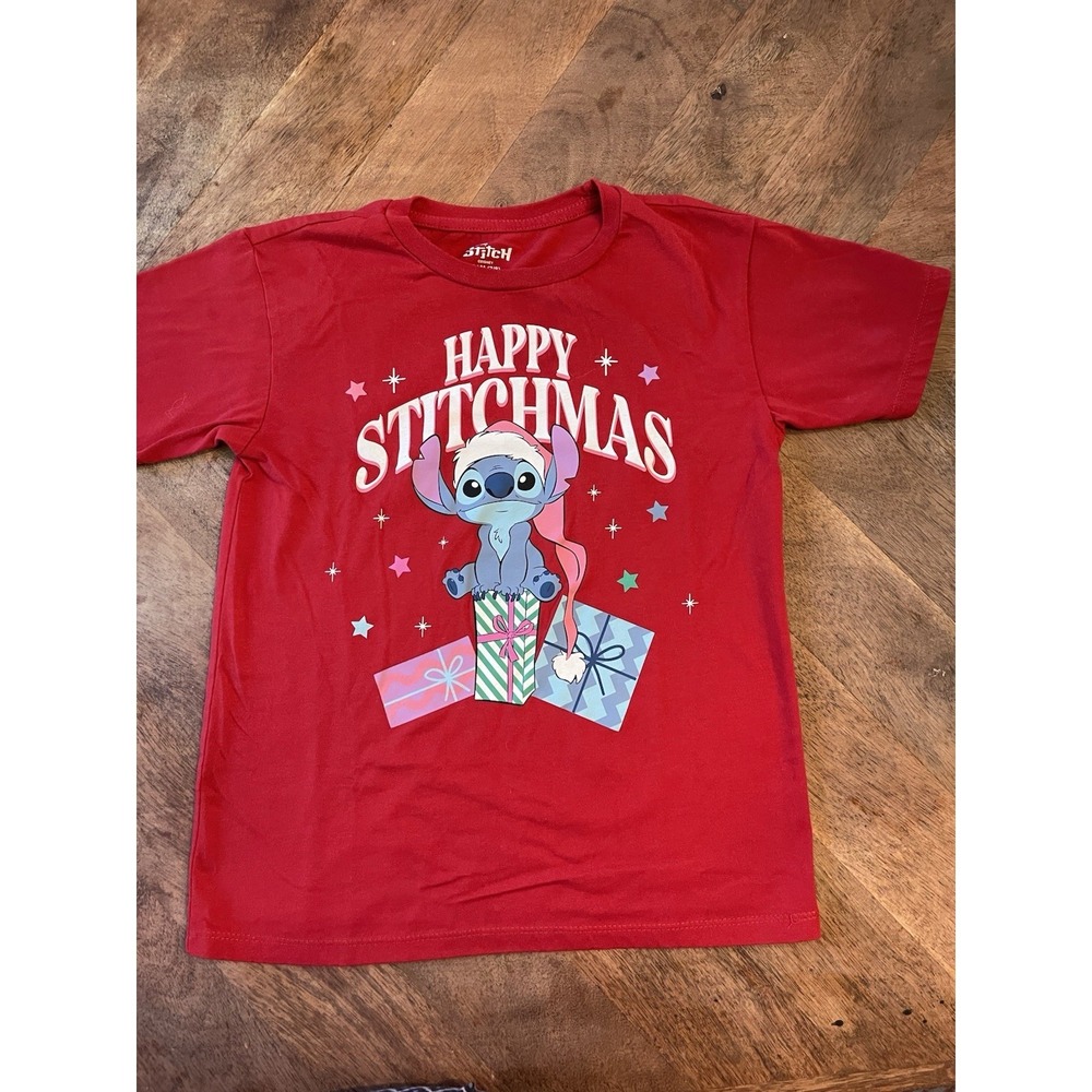 Disney Stitch Happy Stitchmas Red Christmas Graphic T-Shirt Kids Medium 7/8